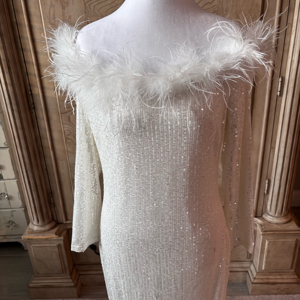 NEW White Dress, White Sequins Dress, Dress with Feathers, Prom, NWOT, Size L - Picture 2 of 10